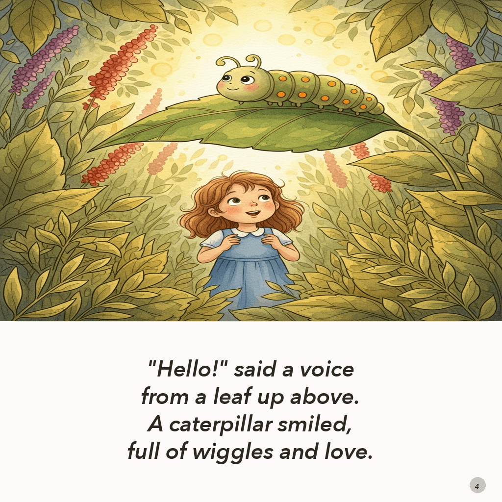 Interior page showing Emma meeting a friendly caterpillar
