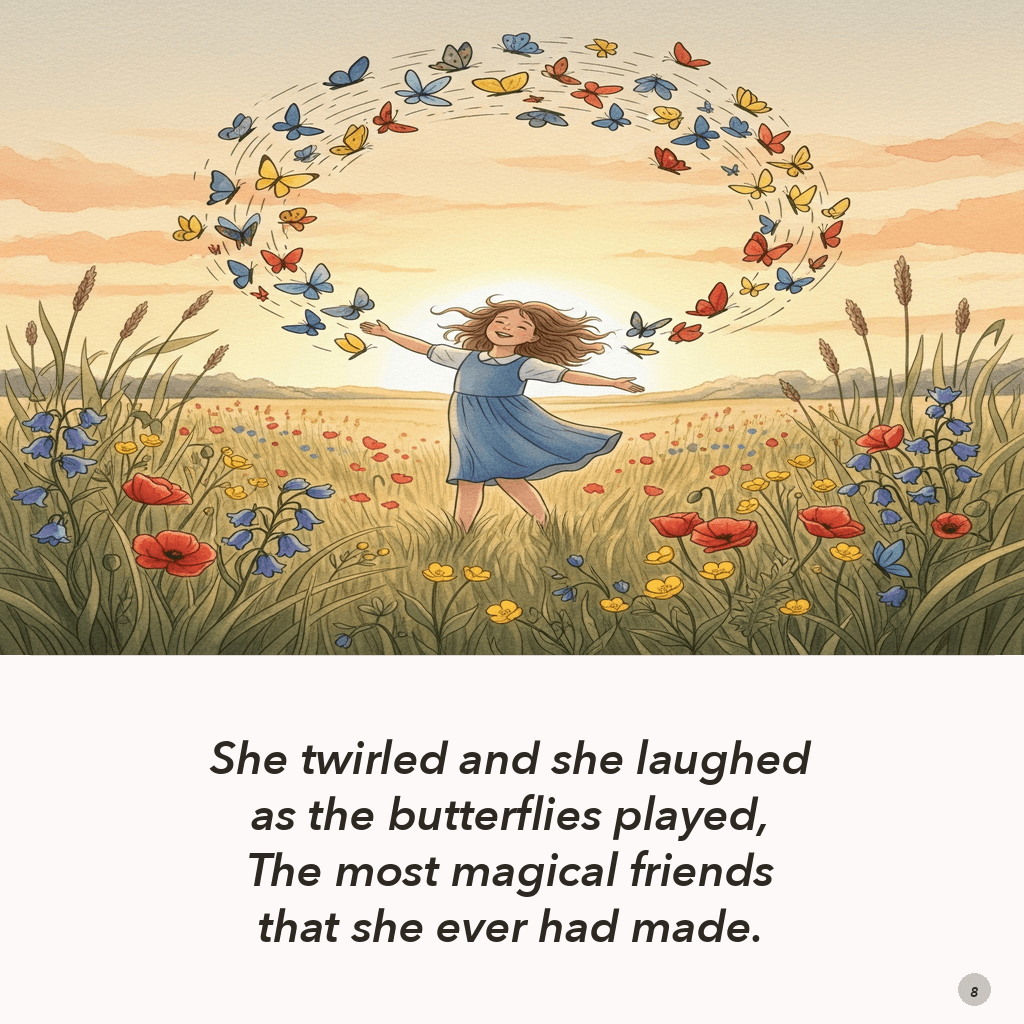 Interior page showing Emma dancing with butterflies